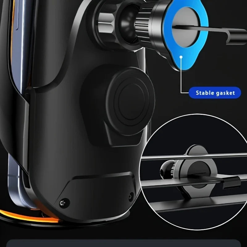 Close-up view of a black 360° rotating wireless phone mount with a blue gasket and charging cable.
