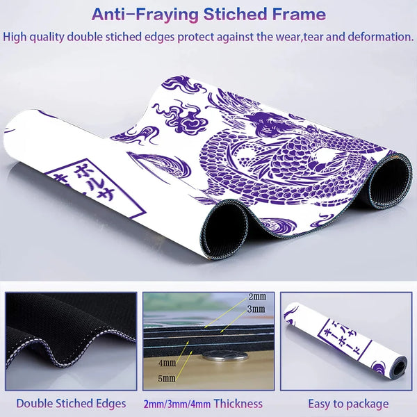 Roll of anti-fraying stitched frame fabric featuring a purple and white Japanese dragon pattern