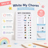 A white daily chore chart board titled White My Chores with various tasks like brushing teeth and cleaning the room