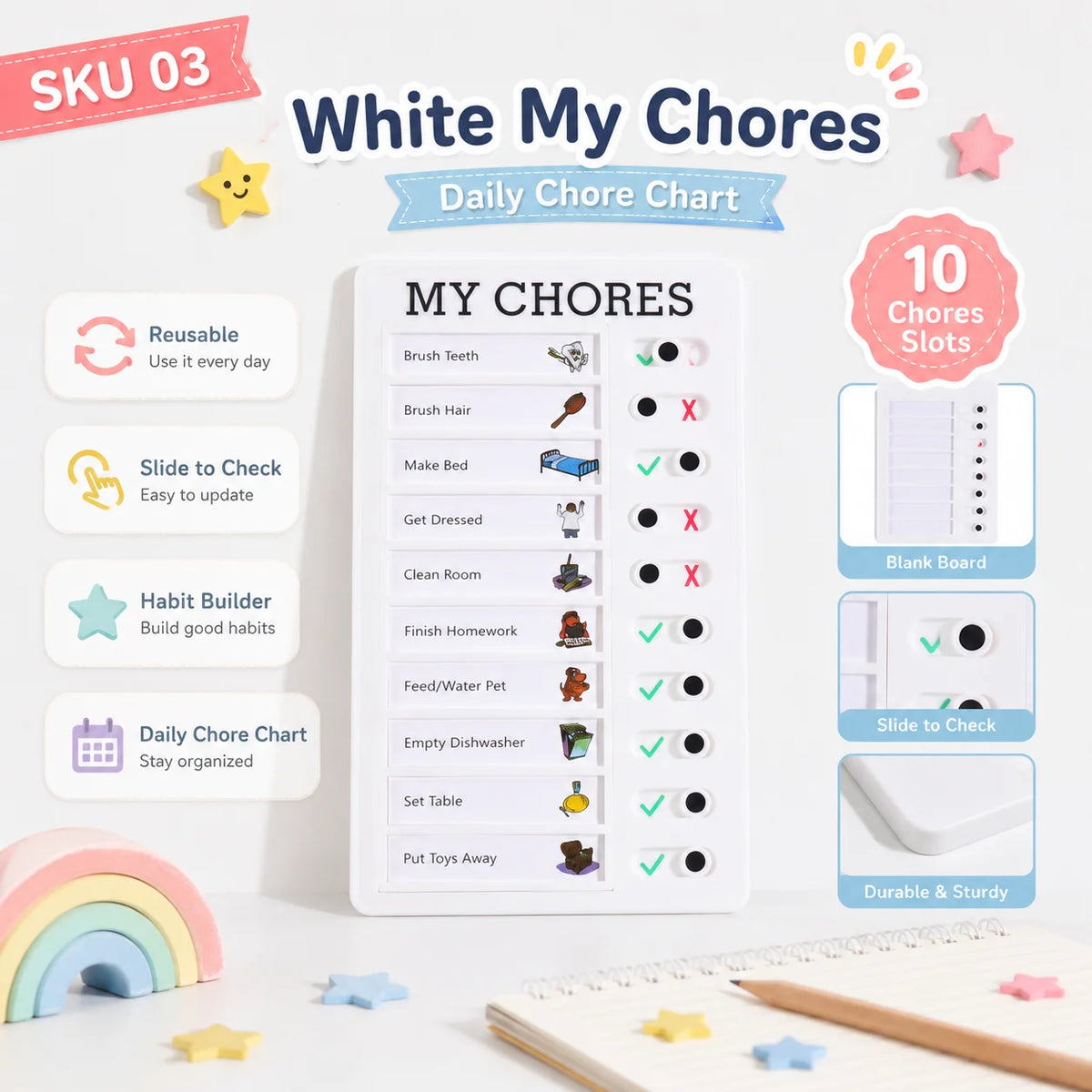 A white daily chore chart board titled White My Chores with various tasks like brushing teeth and cleaning the room