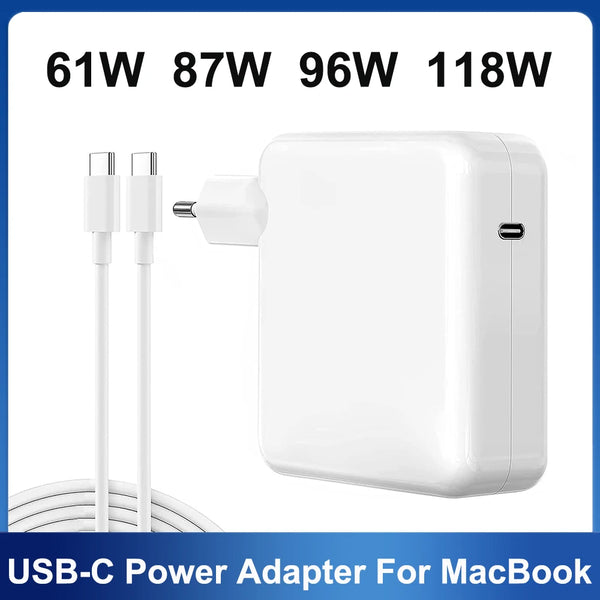 White USB-C power adapter with multiple wattage options for MacBook