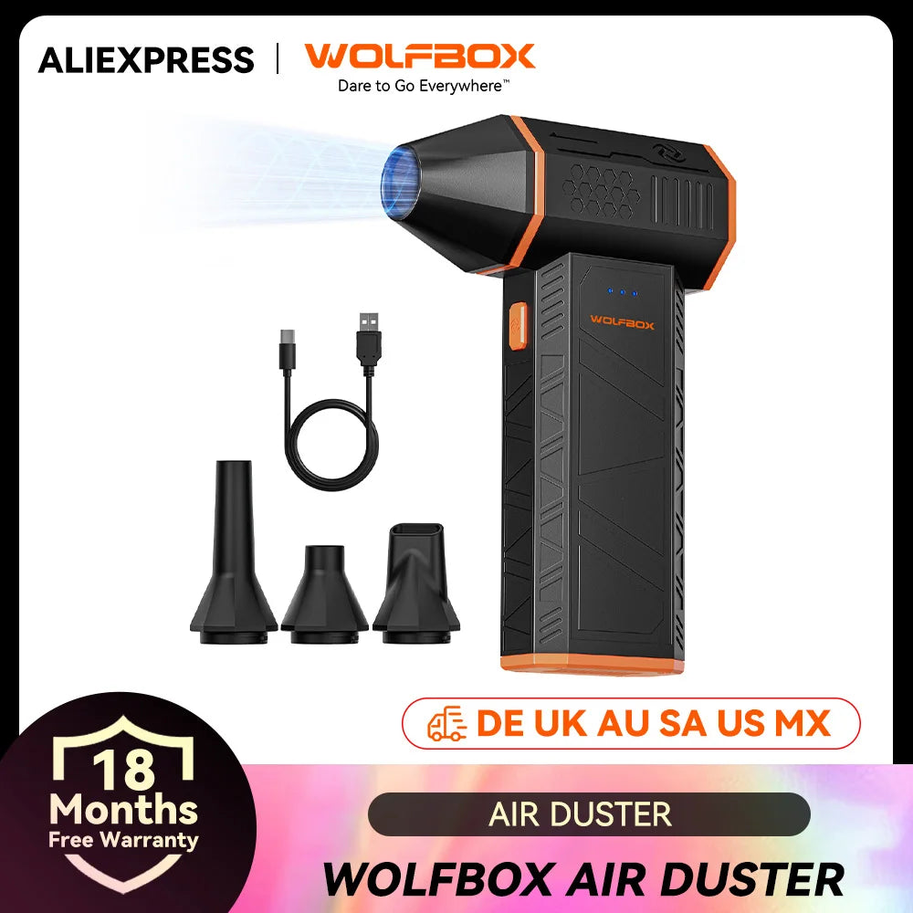 Black Wolfbox air duster device with a nozzle and charging cable shown on a white background.