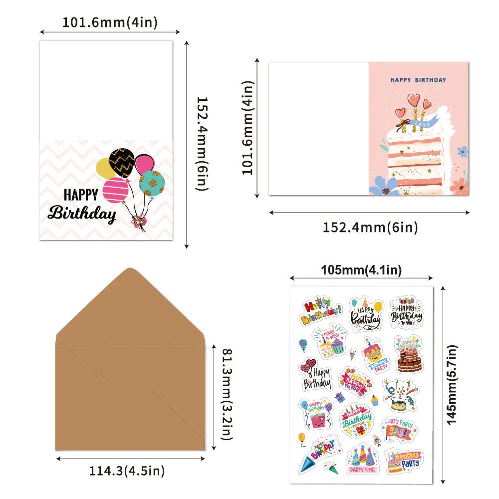 Ein Set handgeschriebener Geburtstagskarten mit verschiedenen Designs und Farben.