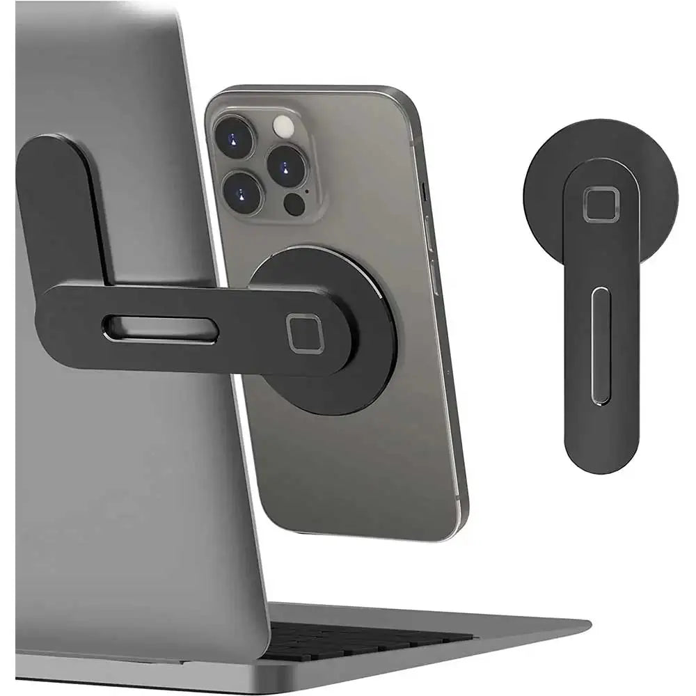Klappbarer magnetischer Laptop- und Telefonhalter, der ein Smartphone auf einem Laptop hält.