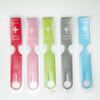 Five colorful durable PVC luggage tags in red, pink, lime green, gray, and blue.