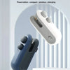 A handheld, compact, portable sealing machine in blue and white is shown against a light background.