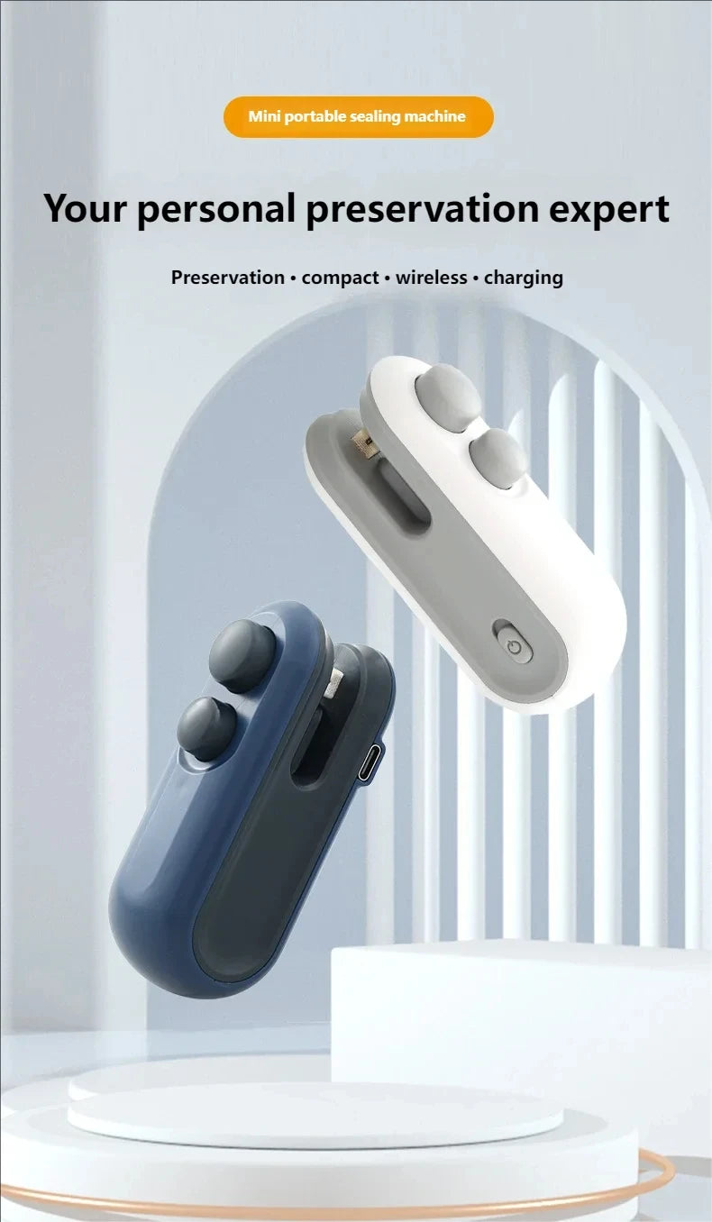 A handheld, compact, portable sealing machine in blue and white is shown against a light background.