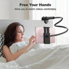A woman is comfortably watching videos in bed using a flexible gooseneck clamp to hold her tablet or phone.
