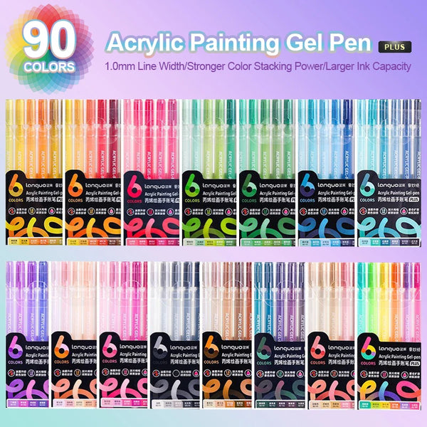 Eine Sammlung von 90 farbigen Acryl-Malen-Gelstiften in verschiedenen Verpackungen und Farben.