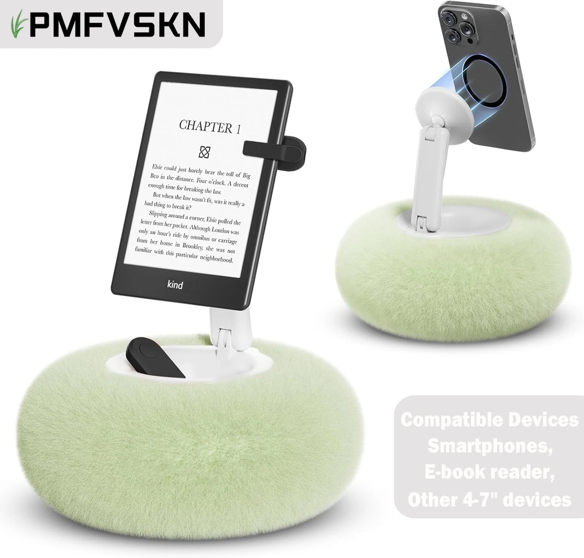 A light green magnetic pillow stand designed to hold smartphones, e-book readers, and other 4-7 inch devices.