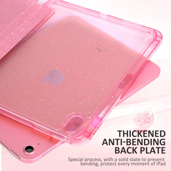 A pink glittery protective stand cover for an iPad showing a thickened anti-bending back plate.