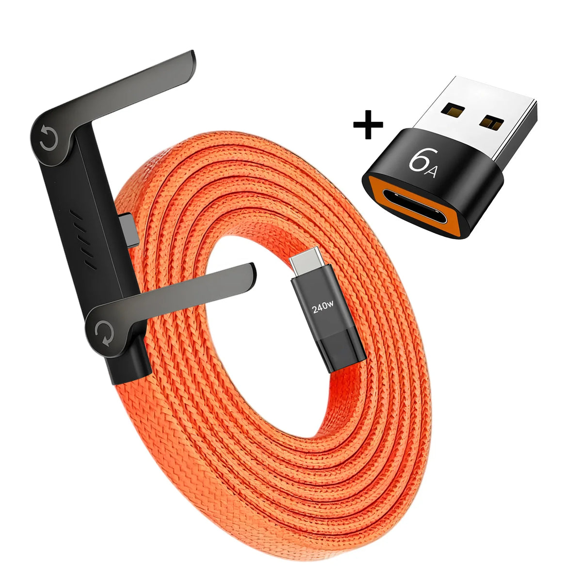 Orange fast charging data cable with a folding stand and a USB-C connector