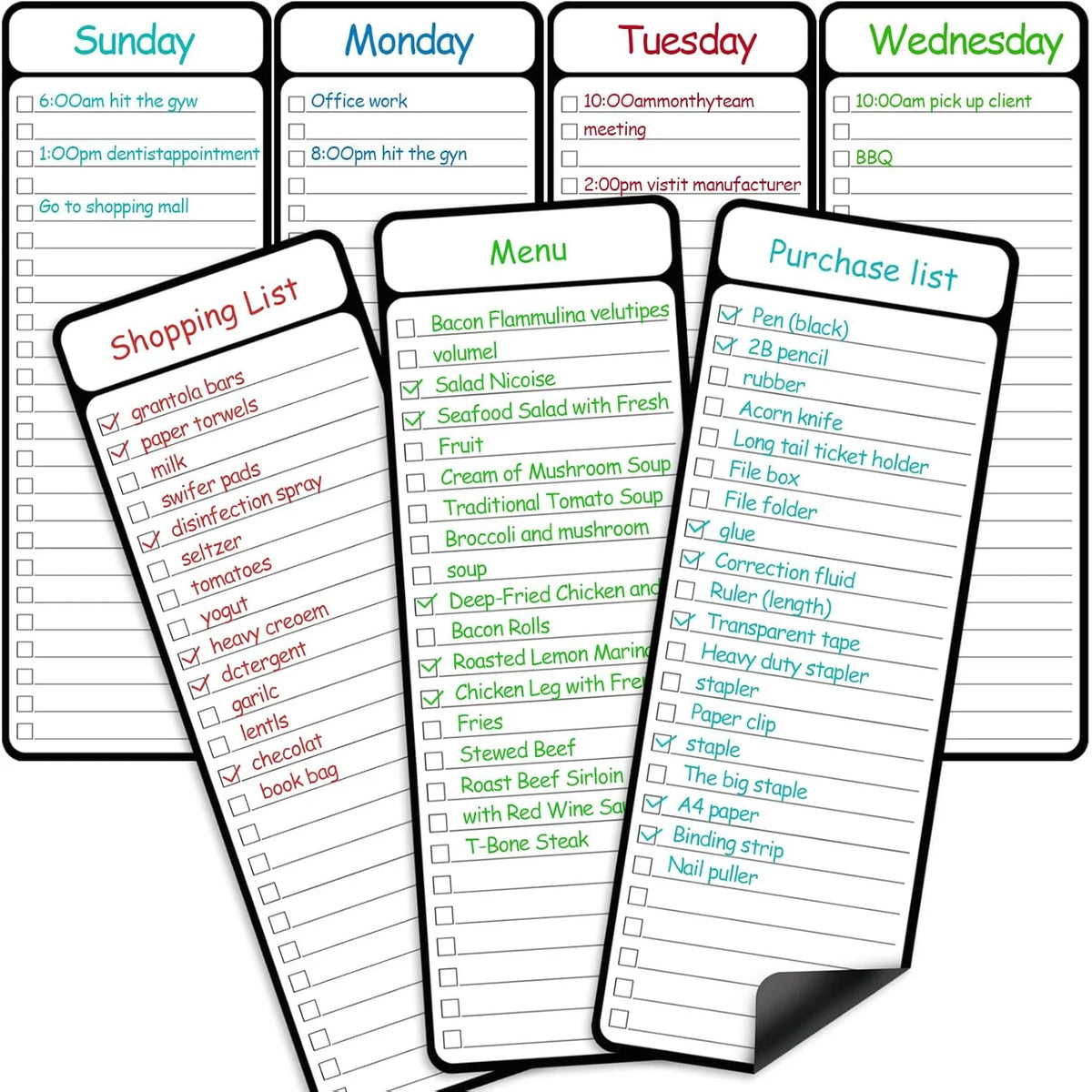 A set of magnetic whiteboards for weekly planning showing Sunday to Wednesday schedules and a purchase list.