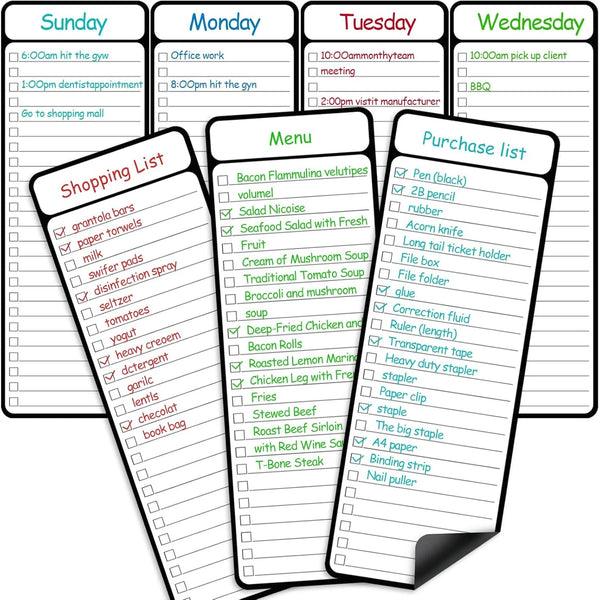 A set of magnetic whiteboards for weekly planning showing Sunday to Wednesday schedules and a purchase list.