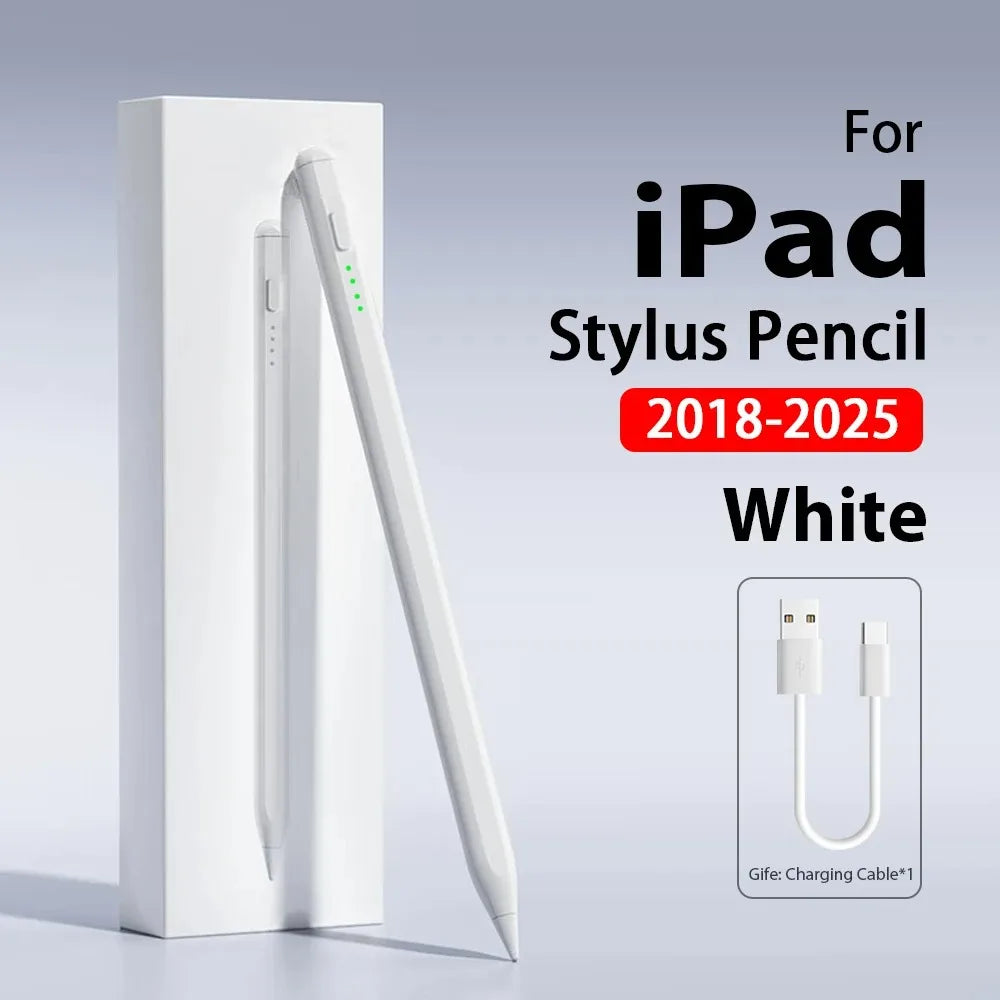 Weiße Präzisionsstylus-Stift für iPad mit Ladekabel neben der Verpackung.