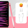 Pinker Präzisionsstilus-Stift neben Ersatz-Tips und Ladekabel für iPad-Zeichnen und Notizen