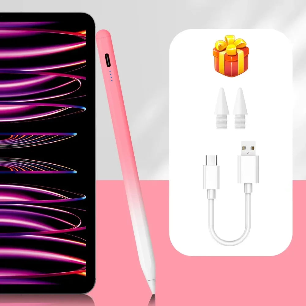 A pink precision stylus pen with an LED indicator and charging cable is shown next to a tablet screen display.