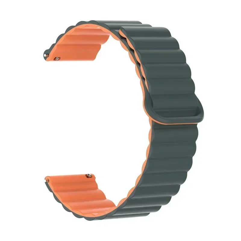 A watch band with an adjustable magnetic loop design in gray and orange colors.
