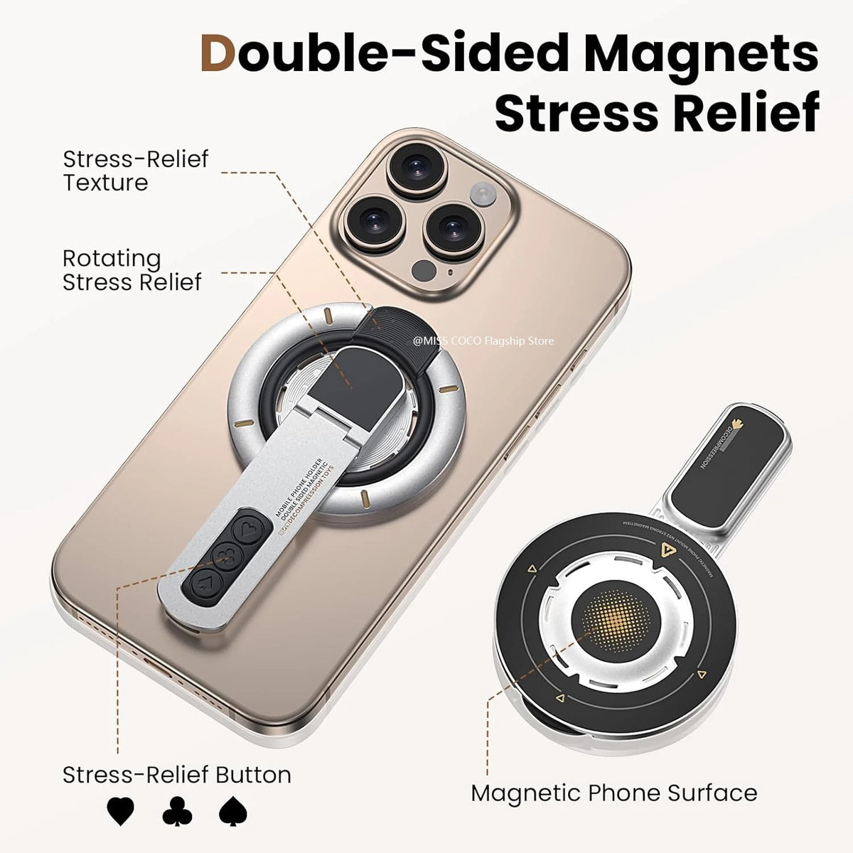 A double-sided magnetic stress relief texture phone ring holder for stress relief and rotating stand.