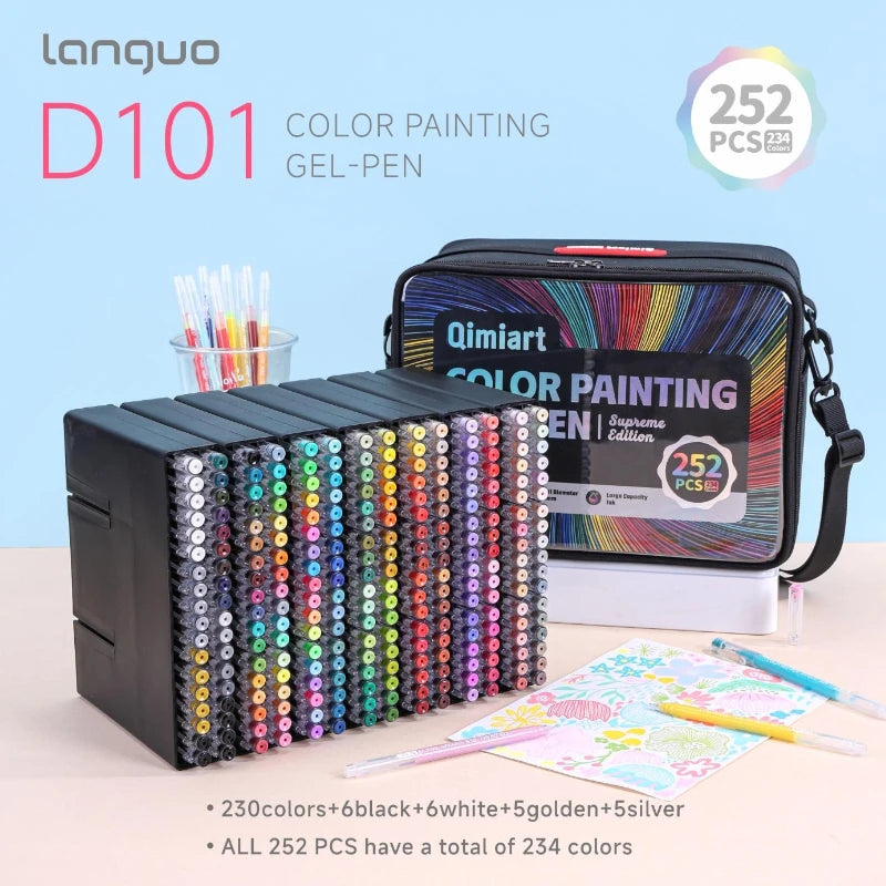 A black case of Lanquo D101 color painting gel pens with 230 colors and a notebook.