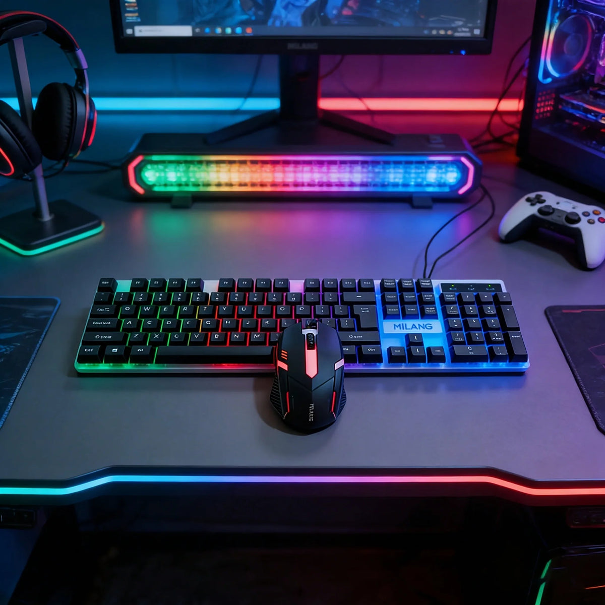 RGB-beleuchtete mechanische Tastatur und Maus Kombi, auf einem Schreibtisch mit leuchtenden Neonlichtern.