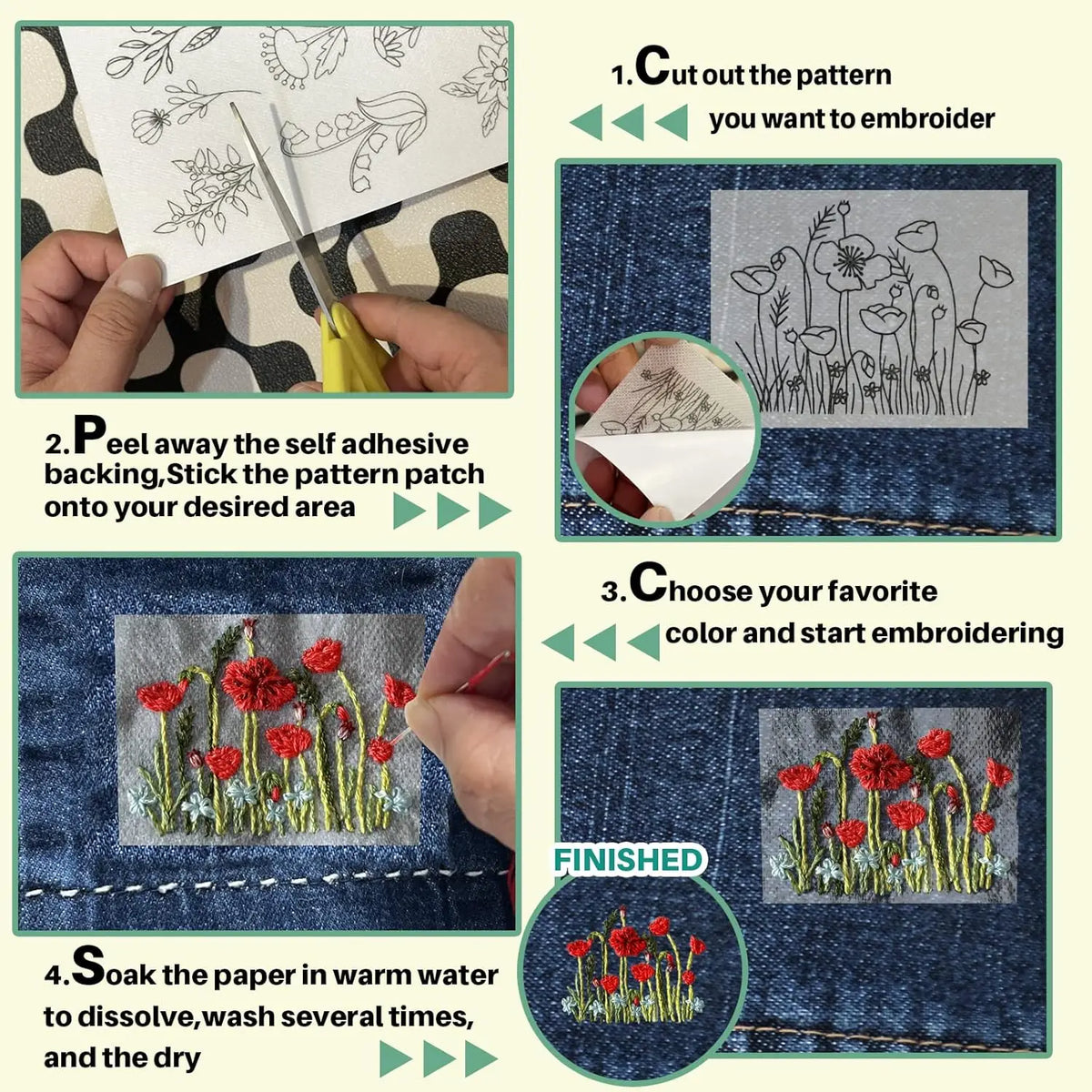 Instructions for making stick and stitch embroidery using pre-printed floral patterns on paper