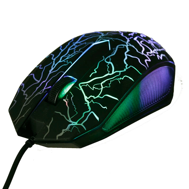 Black ergonomic gaming mouse with neon green lightning pattern and purple accents