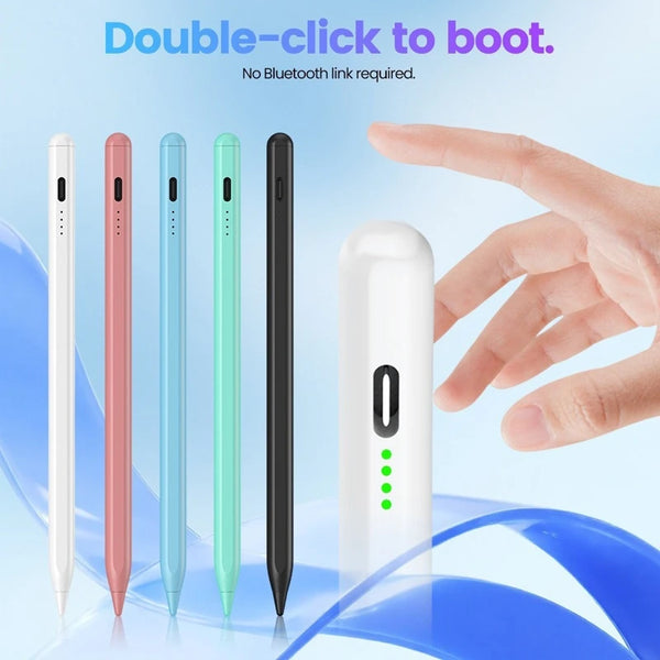 A hand is shown interacting with a white stylus pen, demonstrating the double-click to boot feature.