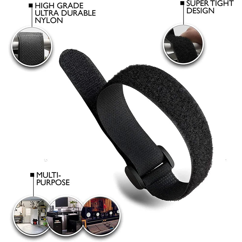 Black reusable hook and loop cable ties shown with close-ups highlighting high grade nylon durability and a super tight desig