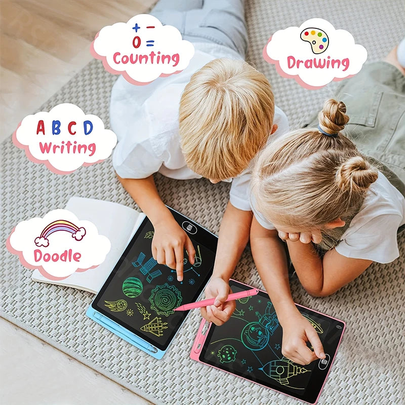 A child is using an 8.5 inch LCD writing tablet for kids on a mat, surrounded by educational activities like counting, drawin