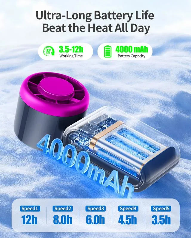 A purple and black portable mini handheld fan with a digital display is shown on a blue background.