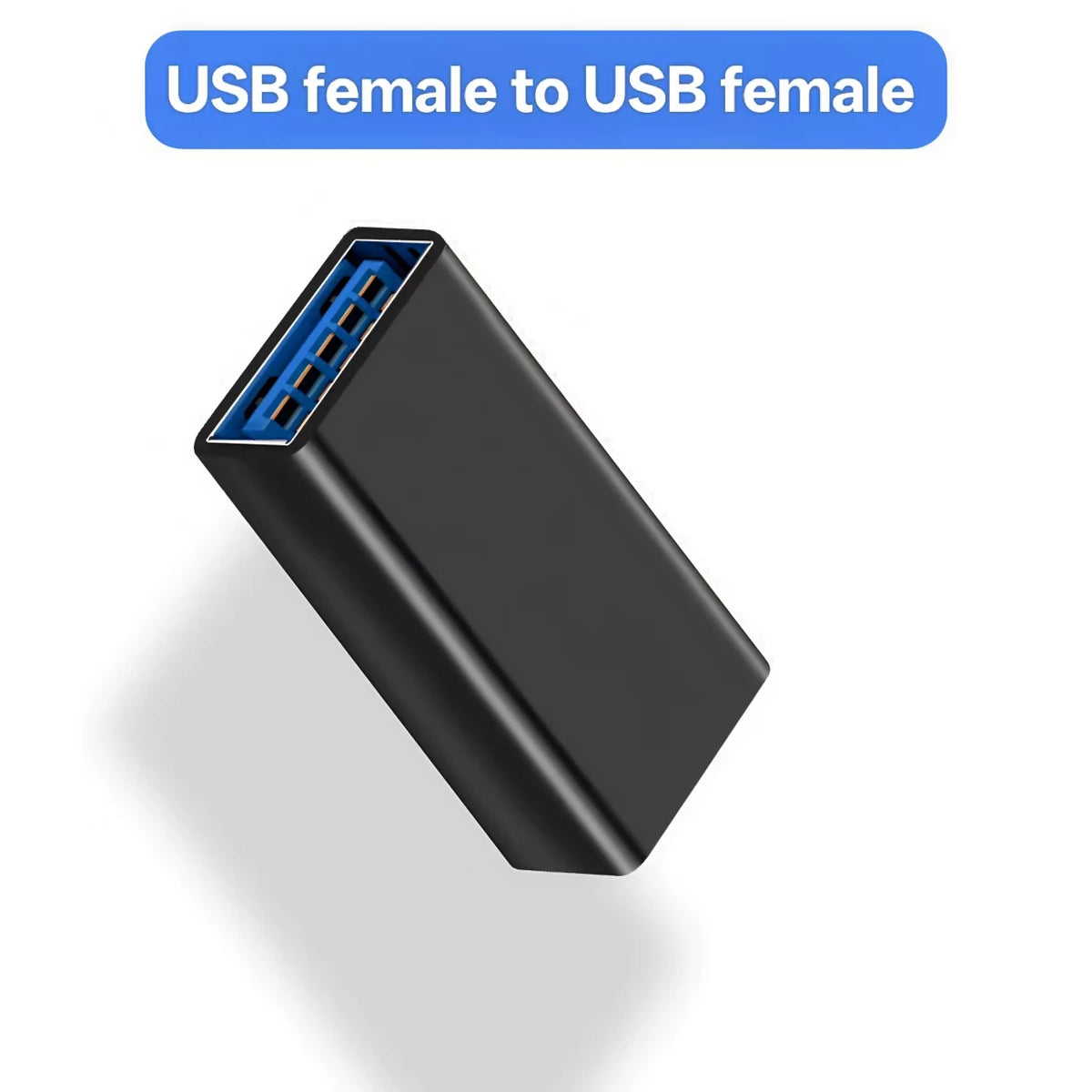 A black USB female to USB female adapter connector.