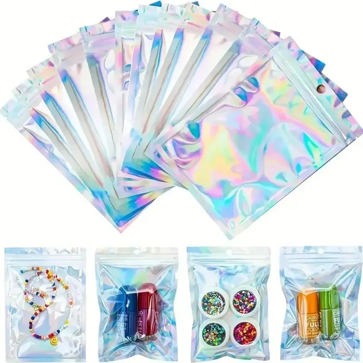 A collection of 40 holographic rainbow pattern sealing bags containing various craft items like beads and paints.