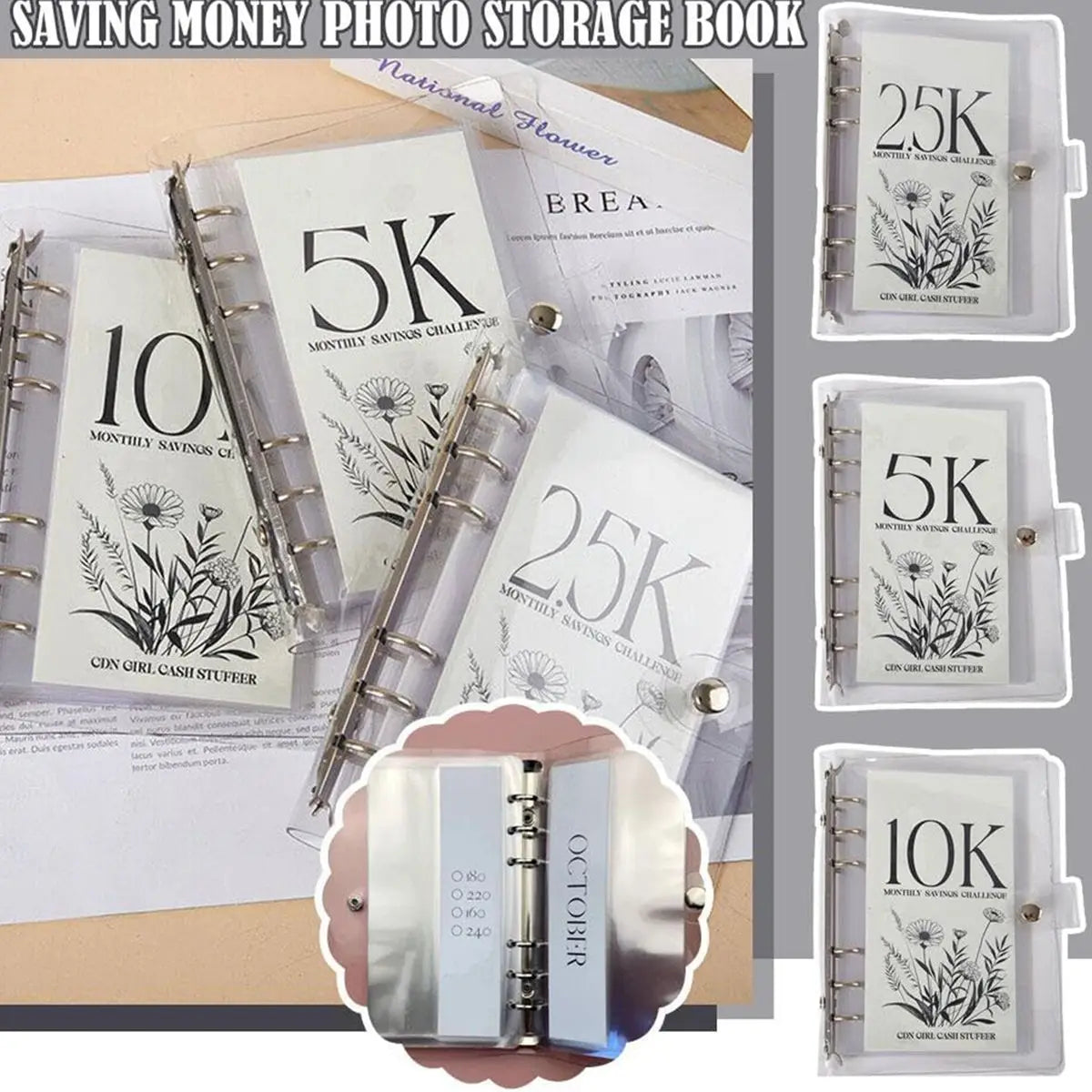 A collection of vertical savings challenge money clips showing monthly savings amounts like 5K, 10K, and 25K in floral design