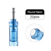 A single round nano microneedling cartridge in light blue plastic with a metal needle, shown next to text indicating 20 piece