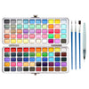 A silver palette containing numerous watercolor paint pans and brushes for artistic use.