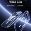 A clear phone case with MagSafe magnetic support shown on an iPhone, emphasizing clarity and no yellowing.