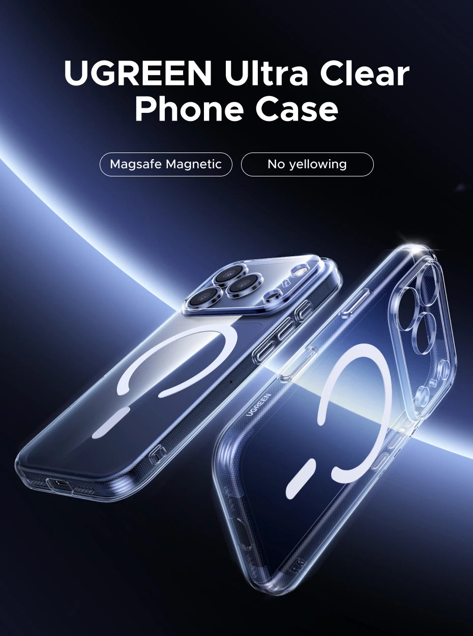 A clear phone case with MagSafe magnetic support shown on an iPhone, emphasizing clarity and no yellowing.