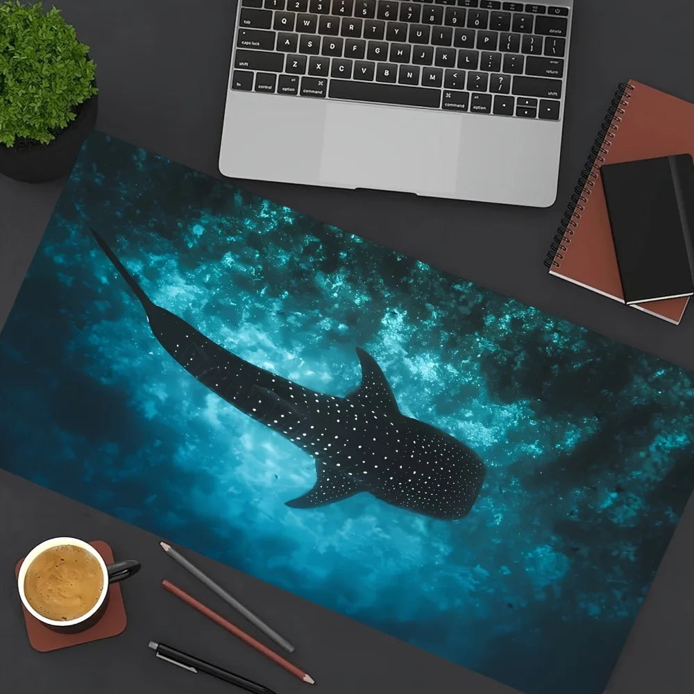 A dark blue and black whale shark graphic on a mouse pad with a laptop and writing tools nearby.