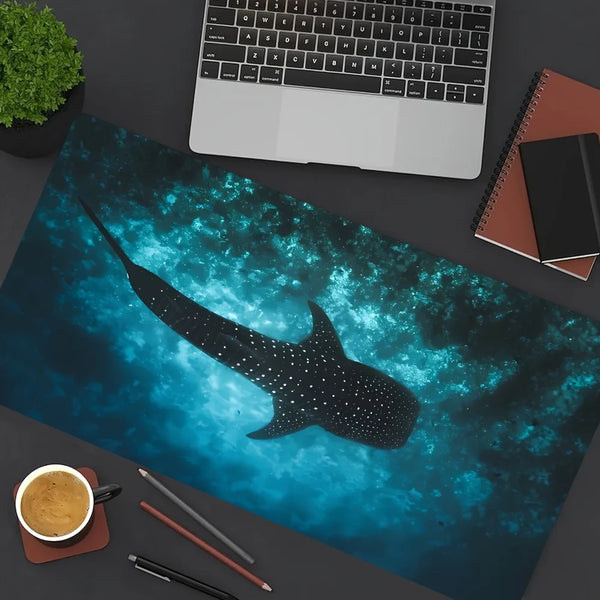 A dark blue and black whale shark graphic on a mouse pad with a laptop and writing tools nearby.