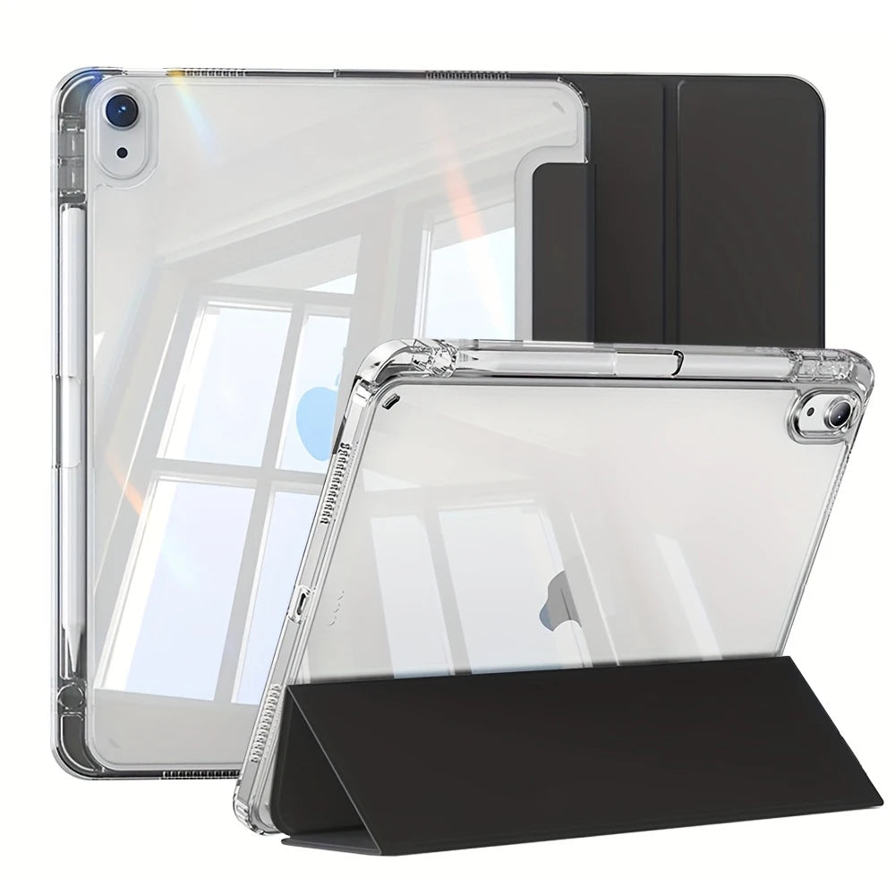 A clear protective skin for an iPad case shown with a black cover and a stand.