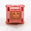 A pink plastic mechanical keyboard switch housing with a light peach-colored switch inside.