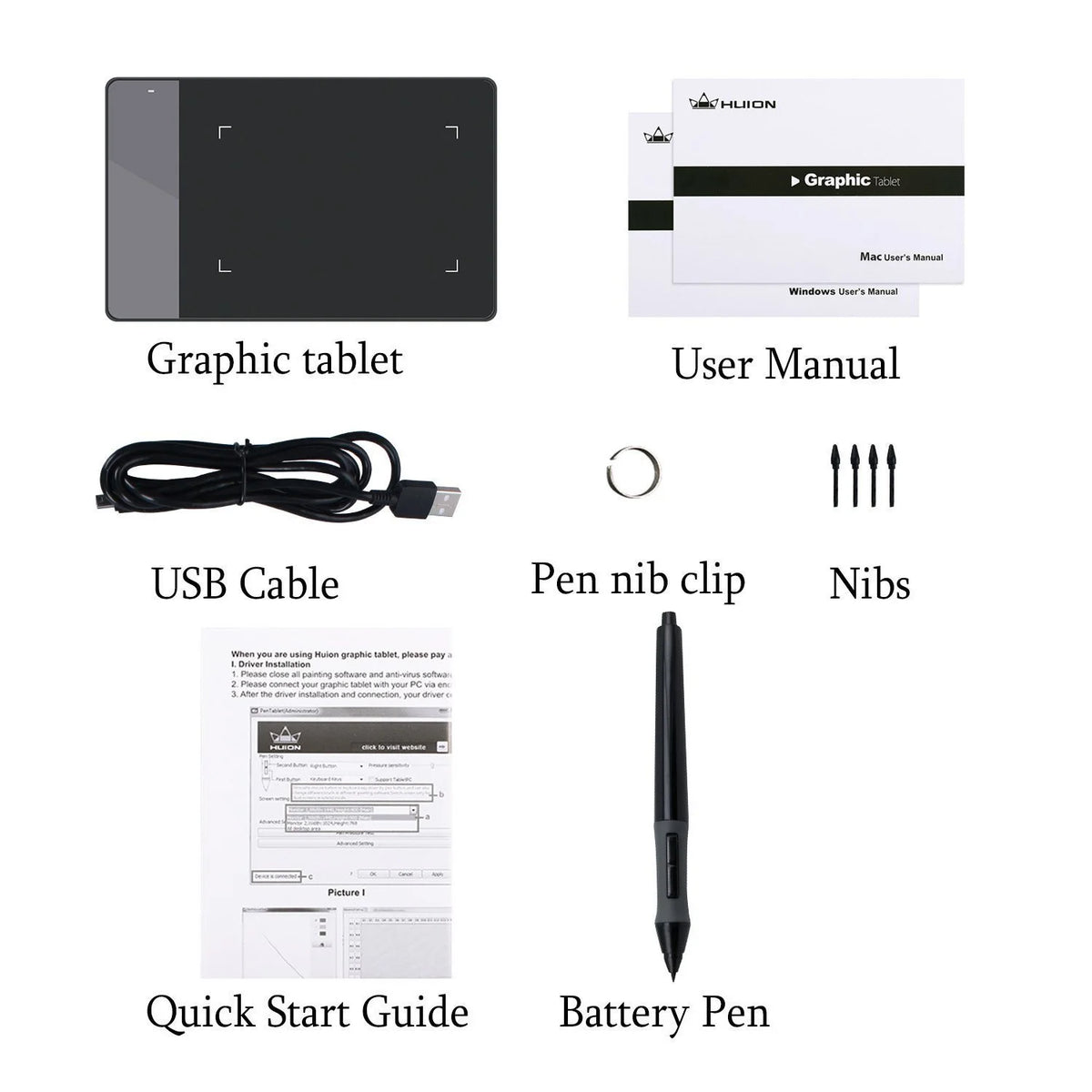 A collection of products including a graphic tablet, user manual, USB cable, pen nib clip, nibs, and battery pen.