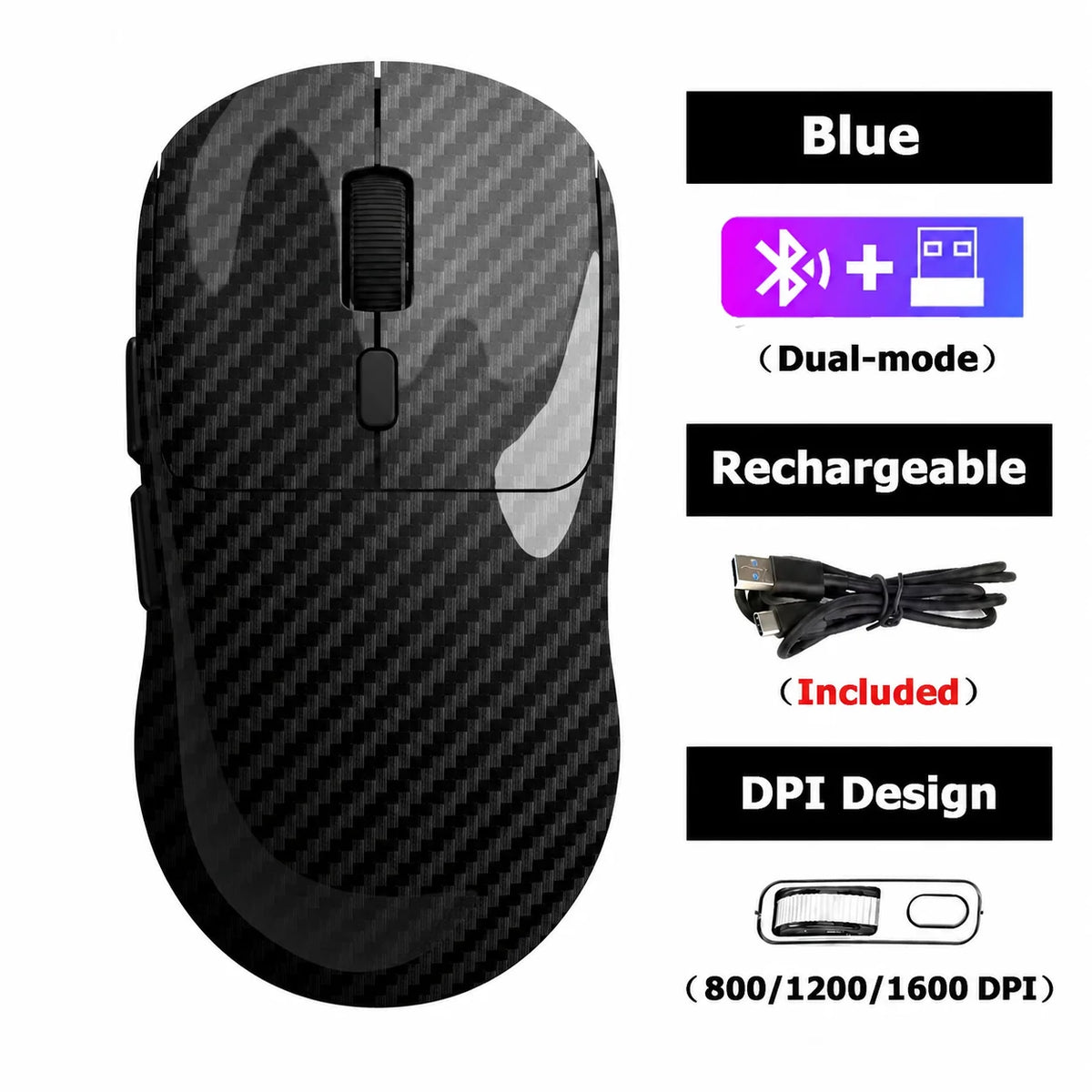 Souris sans fil rechargeable noire double mode avec LED bleue et réglages DPI