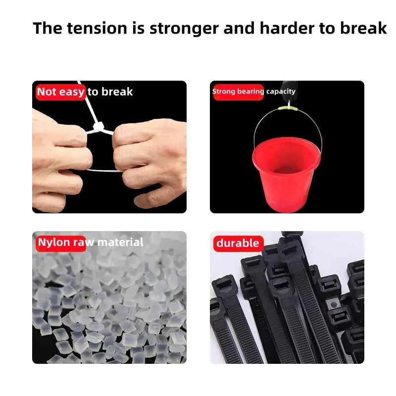 Close-up images showing the strength and durability of nylon raw material cable ties used for various applications.