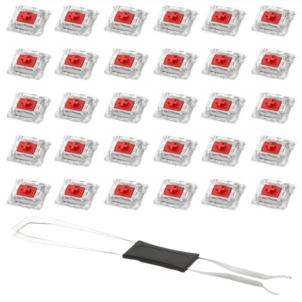 A set of red hot-swappable mechanical keyboard switches and a keycap puller are displayed in a grid format.