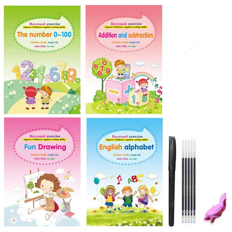 A set of reusable magic practice handwriting workbooks featuring addition, subtraction, and English alphabet exercises for ch