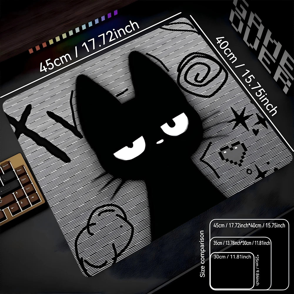 A black cat silhouette design on a mouse pad with a non-slip rubber base.
