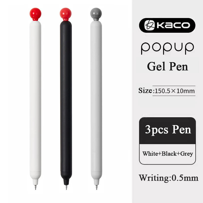Three smooth gel pens in white, black, and grey colors with a popup mechanism.