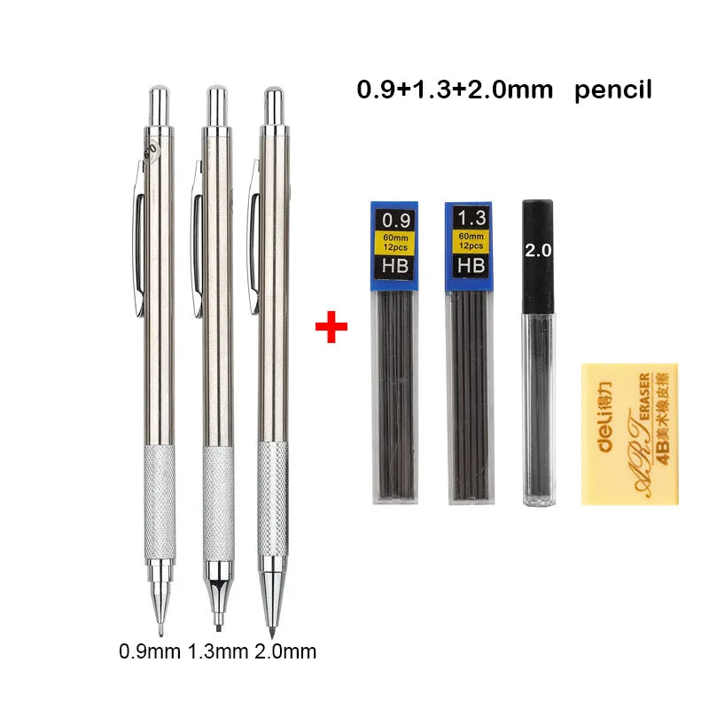 A set of mechanical pencils in 0.9, 1.3, and 2.0 mm sizes with accompanying erasers.